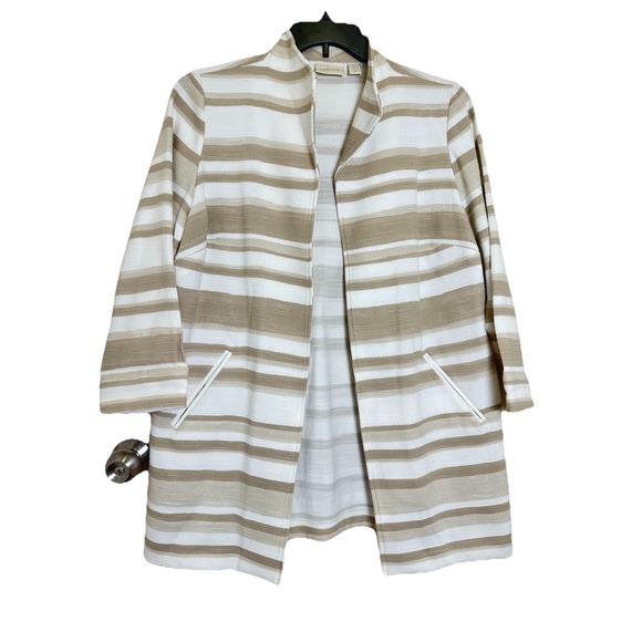 Chico's Jackets & Blazers - Womens CHICO'S Modern Striped Duster Jacket Tan White Open Front Sz 1 M 8